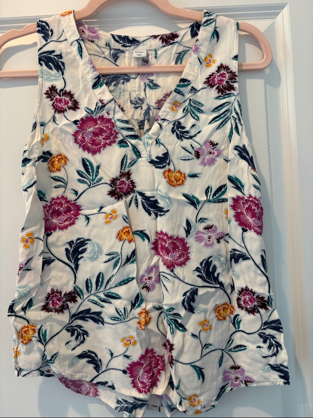 Old Navy White V-Neck Floral Camisole with Pink & Yellow Flowers